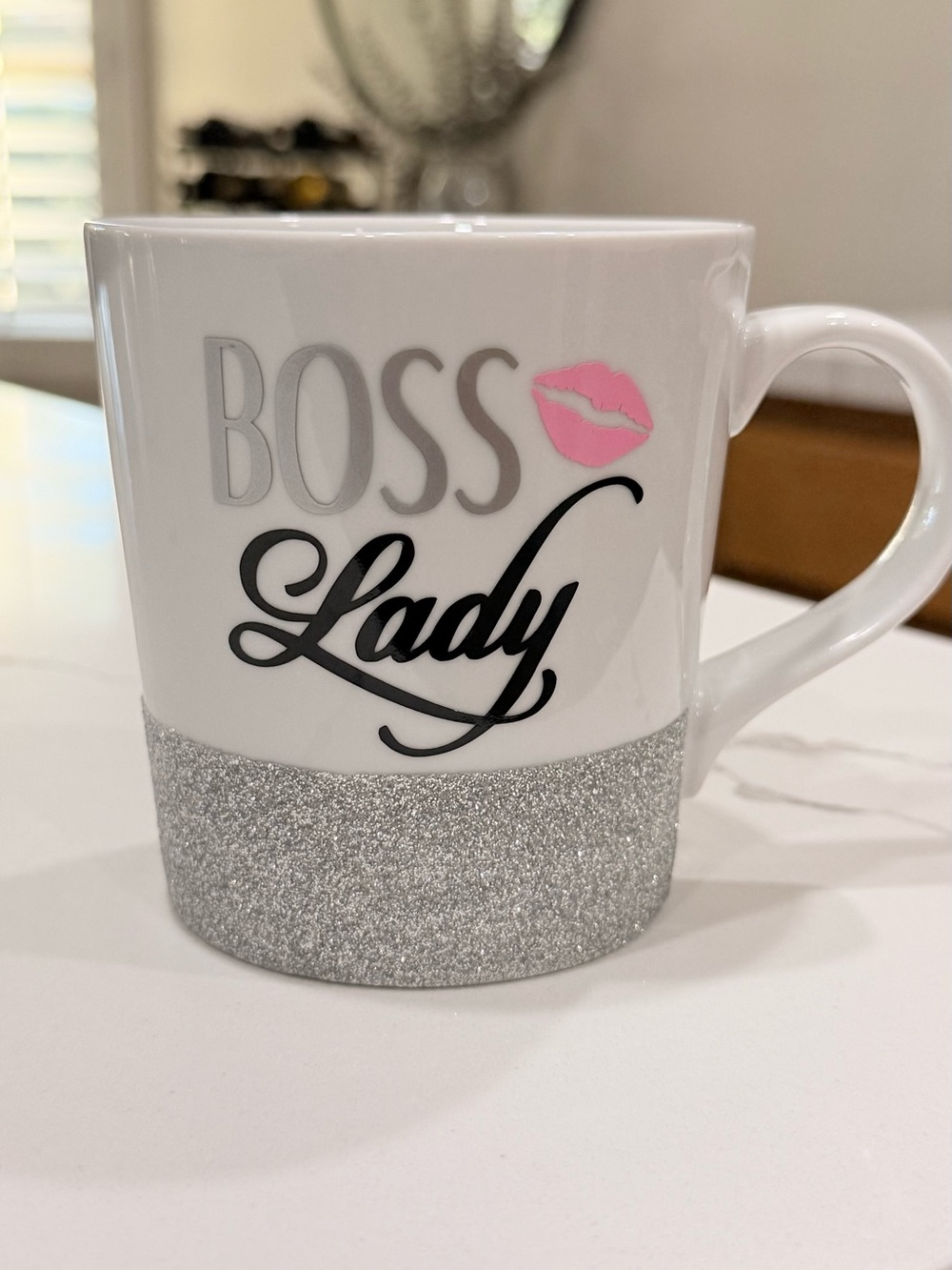 Crate & Barrel "Boss Lady" Silver Glitter Dipped Ceramic Coffee Mug Glam